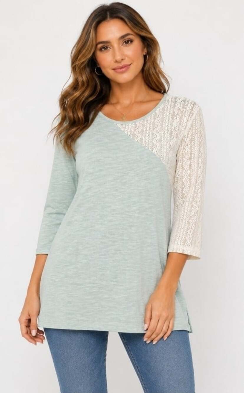 New HAYDEN Los Angeles Peasant Top Size L Mint Lace Blouse Boho NWT Heathered B7